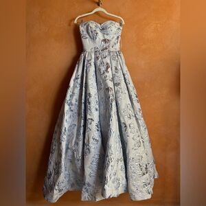 Mac Duggal Strapless Light Blue Metallic Floral A-Line Gown Size 2